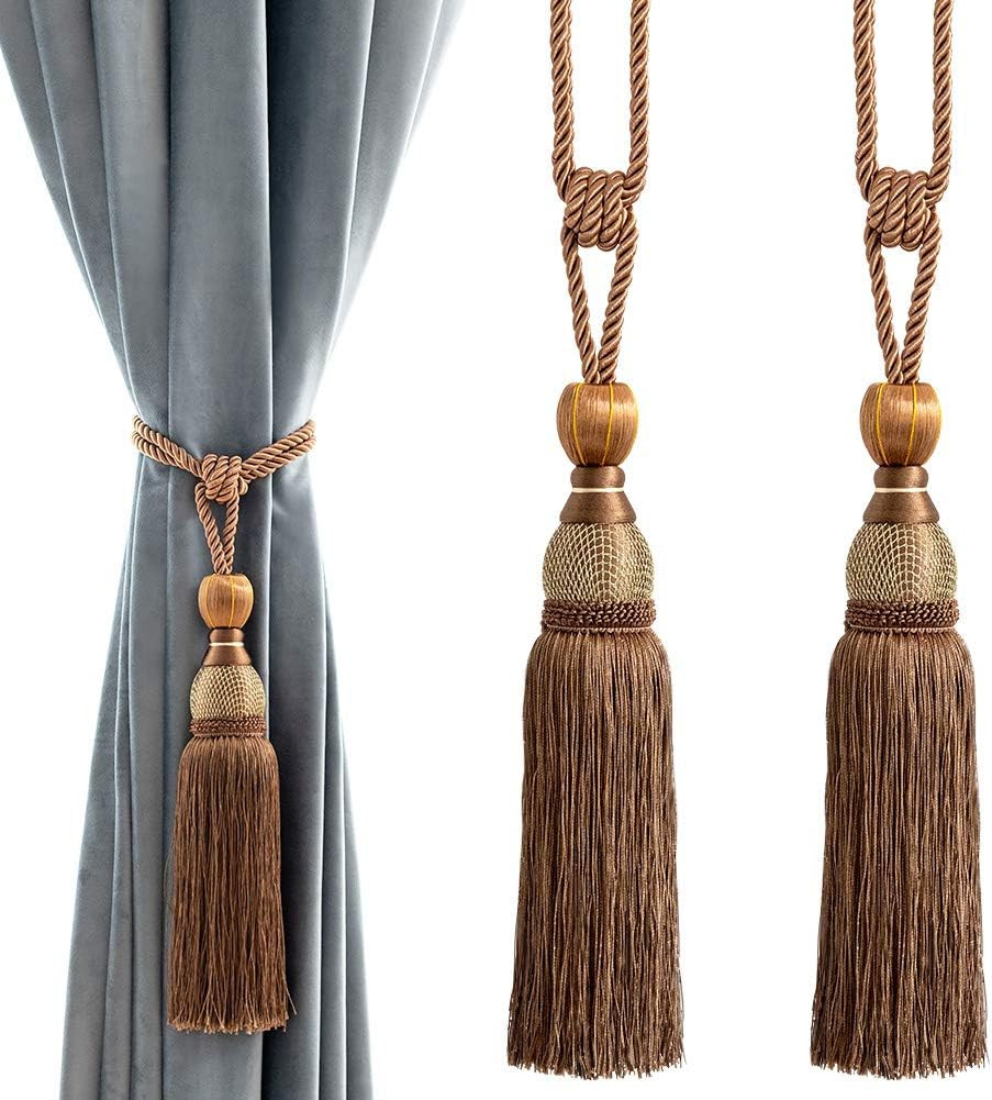 Melodieux Decorative Curtain Tiebacks Ball Tassels Holdbacks - Home Office Windows Drapery Fasteners Braided Buckle Fringe Ropes, Set of 2 (Brown) | Amazon (US)