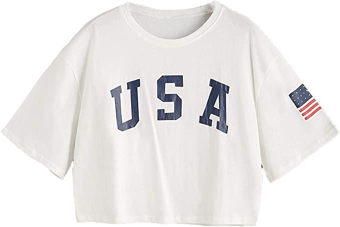 SweatyRocks Women's Letter Print Crop Tops Summer Short Sleeve T-shirt Bright White S | Amazon (US)