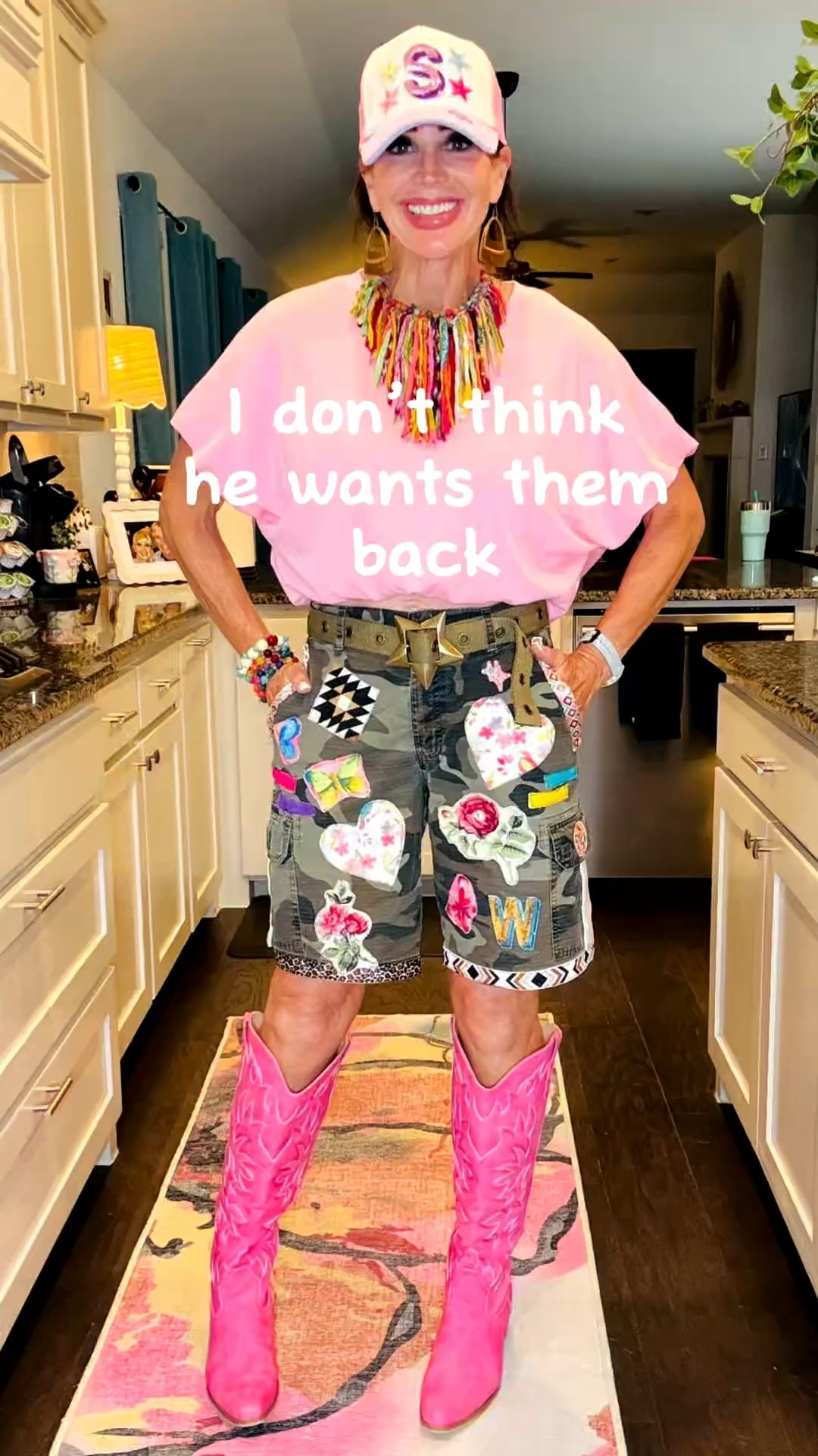 So my husband kinda wears camo…IYKYK 🙊🤣 He was taking these old shorts to donate and I got an idea!! This was a labor of love but I will keep them forever!!!  I only sewed them shut about 4x and sewed one pocket shut but this girl is on fire!! 🔥 I made the patches out of fabric and zigzagged them.  Ribbons, an old bandana  and old patches were used!   So fun!! 🤩 

#LTKOver40 #LTKU #LTKvlog