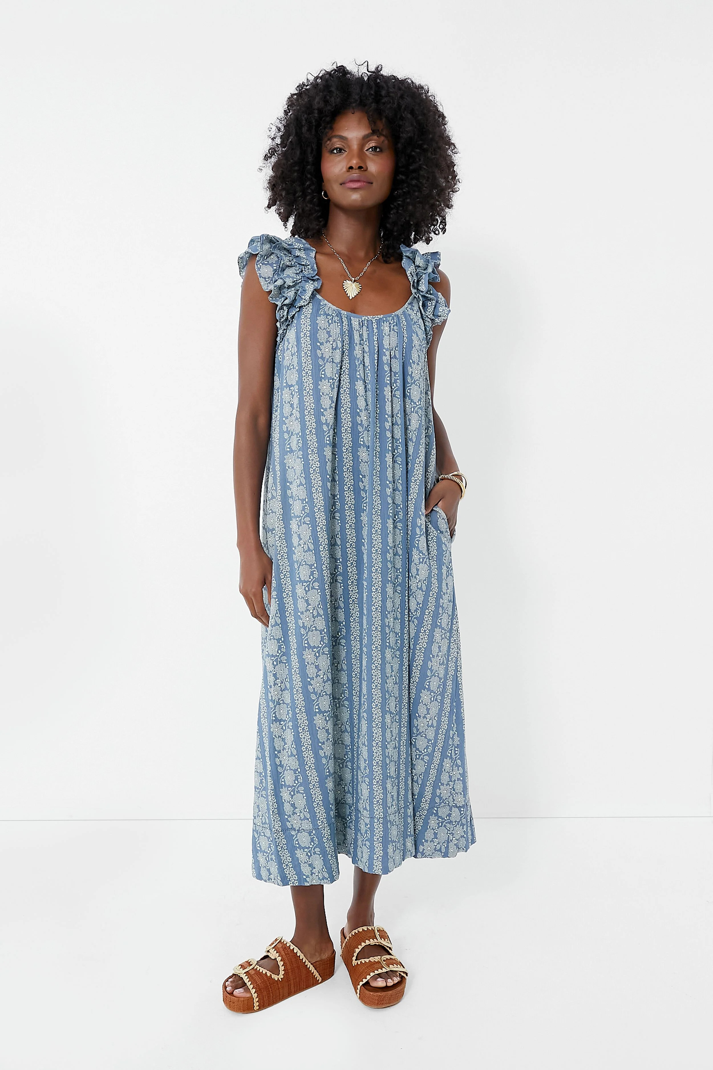 Blue and Cream Token Floral The Cascade Dress | Tuckernuck (US)