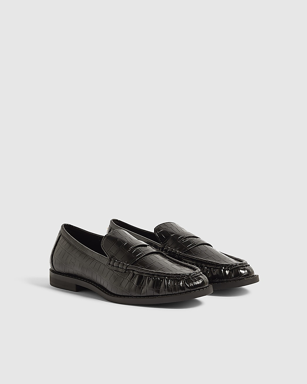 Black Faux Leather Croc Ruched Loafers | River Island UK & IE