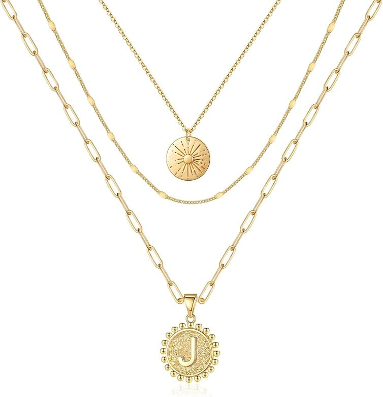 Gold Layered Initial Necklaces for Women, Dainty 14k Gold Plated Handmade Coin Initial Necklace Laye | Amazon (US)