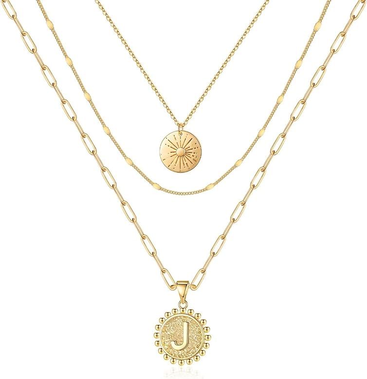 Gold Layered Initial Necklaces for Women, Dainty 14k Gold Plated Handmade Coin Initial Necklace Laye | Amazon (US)