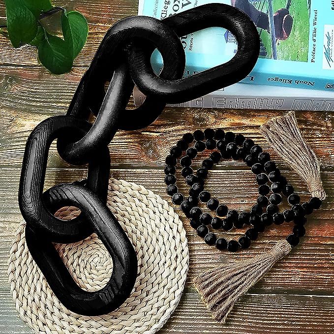 Casdecor Wood Chain Link Decor-Decorative Wooden Bead Garland Tassel,Hand-Carved Knot for Shelf, Wal | Amazon (US)