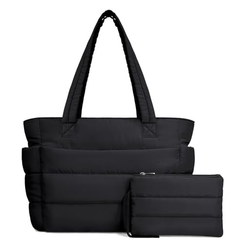 TOPDesign Puffer Tote Bag for Women, Lightweight Puffy Handbag with Compartments, Quilted Shoulder Bag for Work, Travel, Gym, Black, Medium, Casual | Amazon (CA)