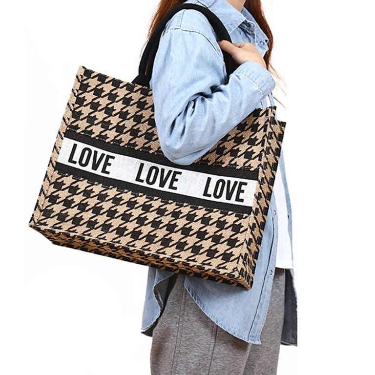 Vakind Women Houndstooth Love Jute Handbag Female Large Capacity Shopping Bag (04) | Walmart (US)