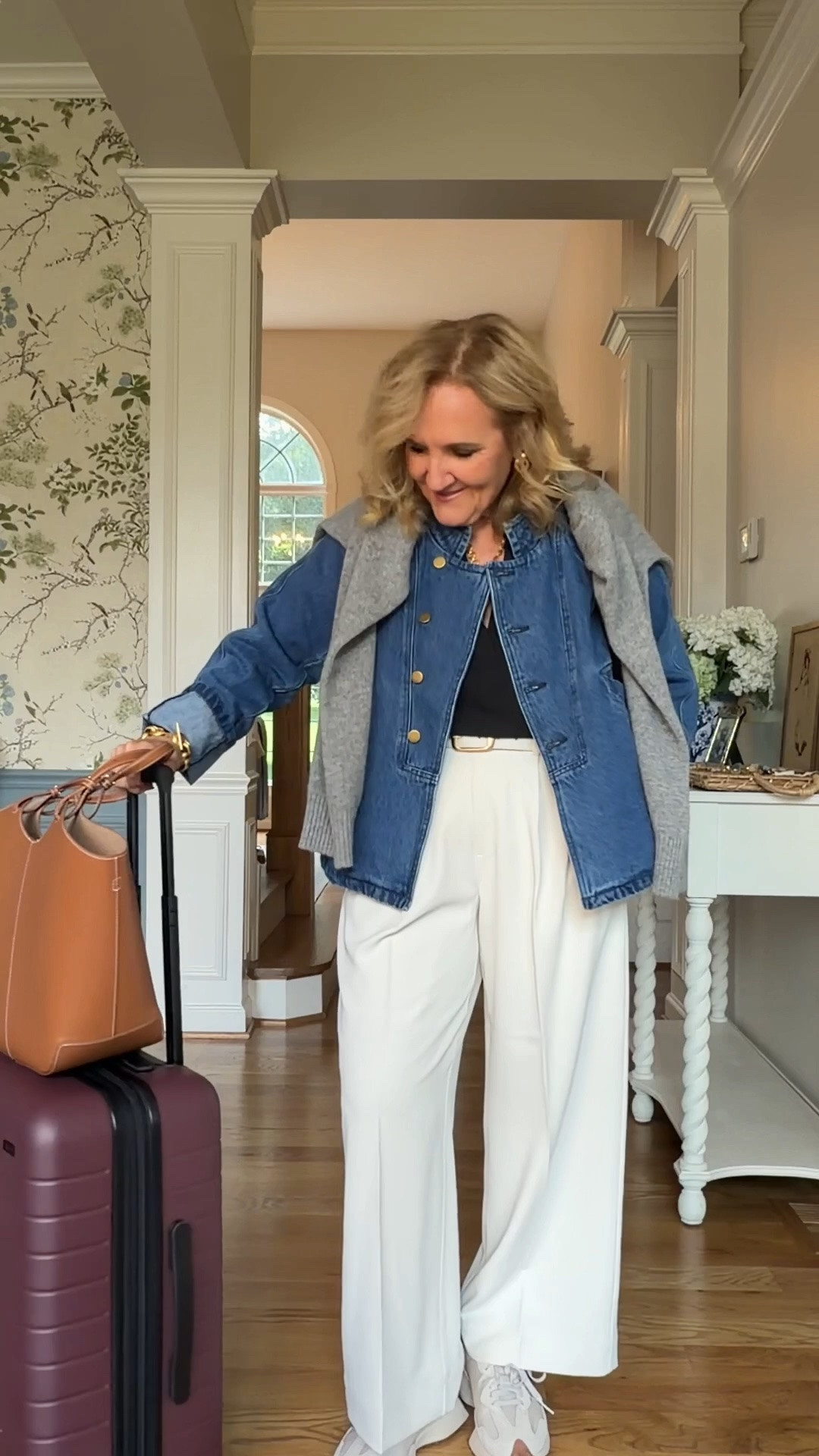 Spanx carryon line  is wrinkle free too and pull on trousers 
A denim jacket is a great jacket to bring especially if it’s not too cool where you’re going and it’ll go with r Efy thing in your capsule. 
Other travel outfits 
 Ruti brown pants size 10 petite 
Loft track pants medium 
Aritzia lodge pant med reg and have them hemmed 
Athleta endless pant 8 petite Loft track
Spanx carryon no wrinkle pullon trouser med petite but that does make them fairly short. Might get reg length 
This suitcase is the real deal. Worth the spurge!

#LTKOver40 #LTKPetite #LTKTravel

#LTKMidsize