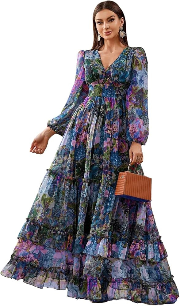 Summer Casual Dresses for Women 2024 Spring Fashion Boho V Neck Long Sleeve Ruffle Floral Print E... | Amazon (US)