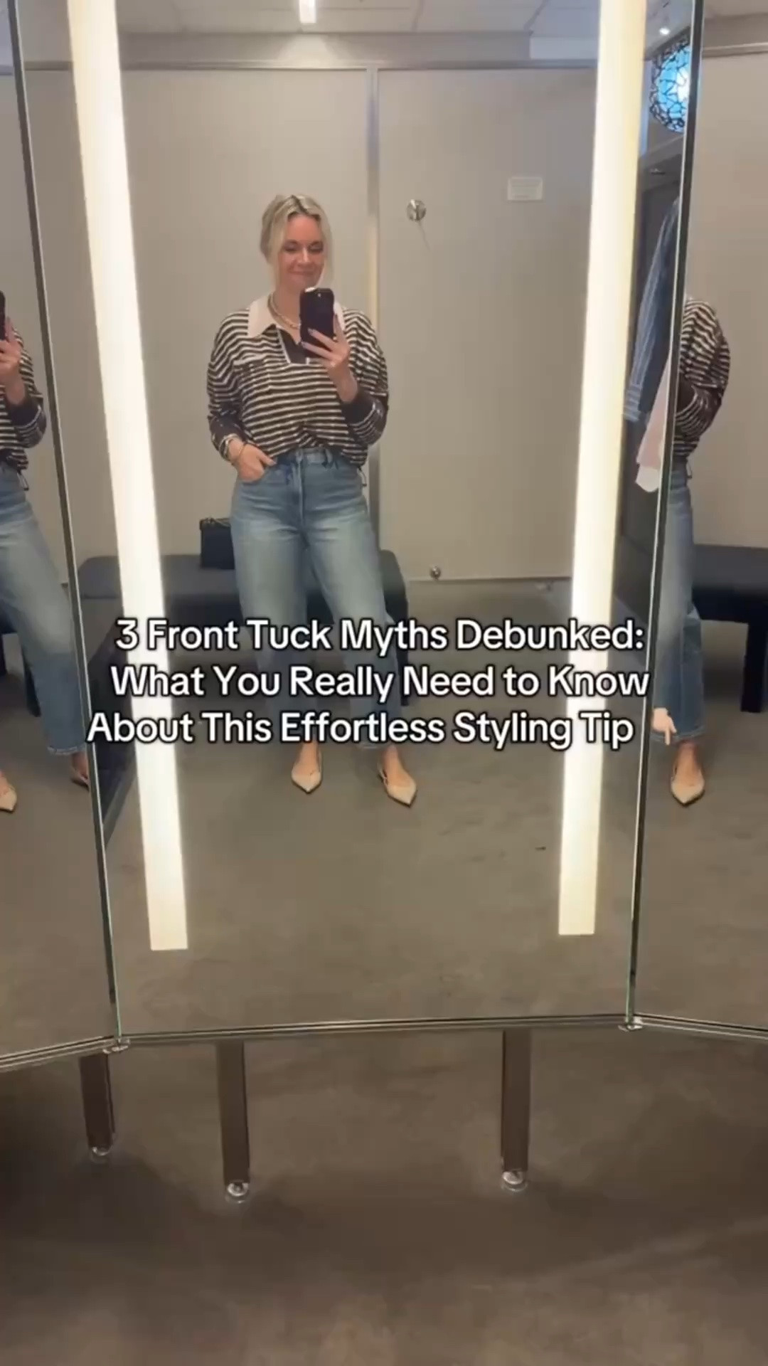 Let’s talk about the front tuck! You’ve seen it everywhere, but do you know the truth behind this simple styling trick? Here are 3 front tuck myths debunked: 1️⃣ Myth: Front tucking makes you look bulky. Truth: Actually, it defines your waist and streamlines your silhouette, especially with high-waisted jeans like these palazzo styles. 2️⃣ Myth: You need to be tall to pull off a front tuck. Truth: Height doesn’t matter—anyone can make it work! It’s all about balancing proportions with the right bottoms. 3️⃣ Myth: It only works with fitted tops. Truth: You can rock it with everything from oversized sweaters to button-downs! It’s all about creating a chic, effortless look. Which myth surprised you the most? Comment below! 👇 #StyleMyths #PersonalStyling #nashvillestyle #nashvillestylist #personalstylist