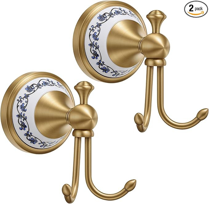 2 Pack Antique Brass Towel Hook, Wall Mounted Bathroom Hook Brass Towel Holder Hanger with Double... | Amazon (US)