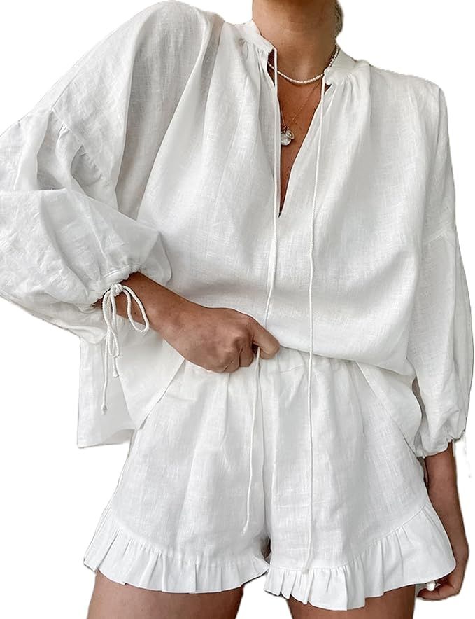 Women Linen Set Puff Long Sleeve V Neck Front Tie Shirt & Ruffle Boxer Shorts Set 2 Piece Lounge ... | Amazon (US)