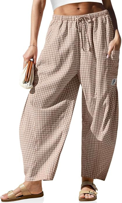 TARSE Womens Linen Wide Leg Striped Pants Casual Barrel Palazzo Harem Pants | Amazon (US)