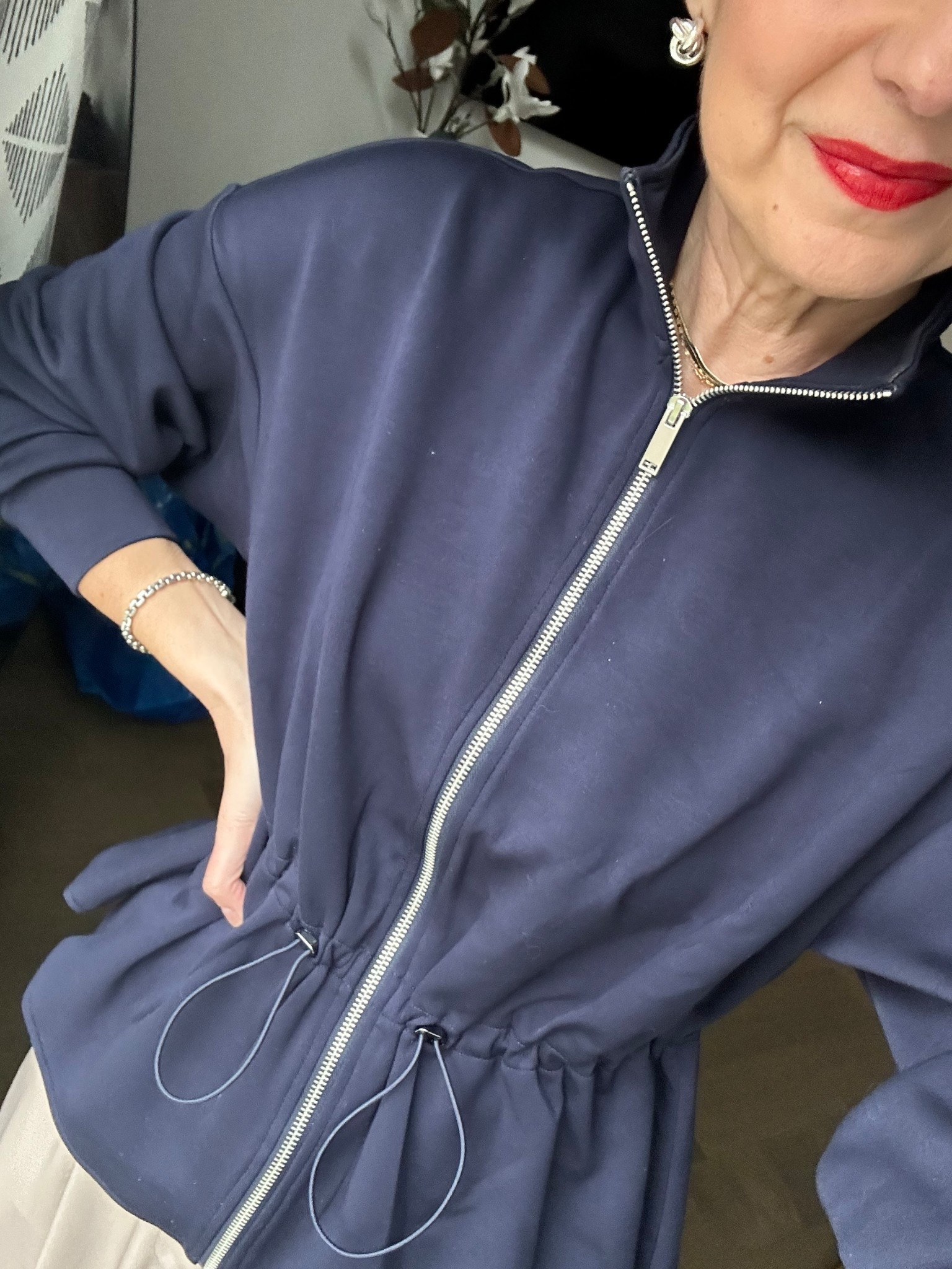 H&M Peplum Jacket - runs tts. I’m in a small. This one is a medium to light weight material (not fleece lined) 