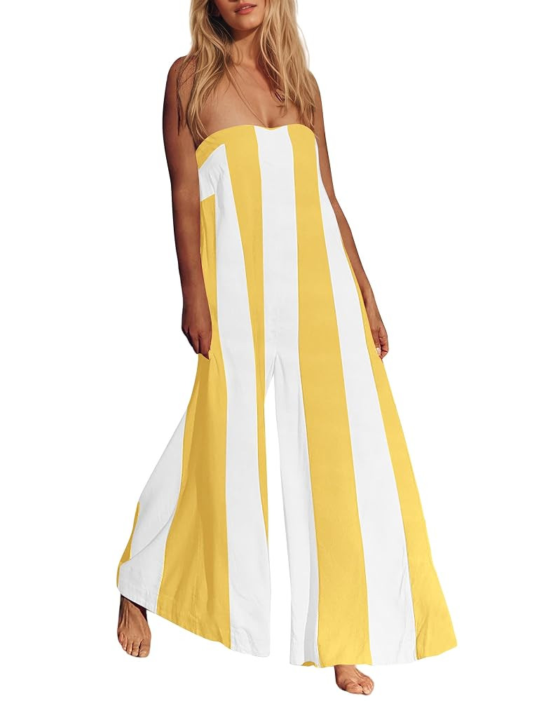 MISSACTIVER Summer Wide Leg Jumpsuits for Women Striped Strapless Long Rompers 2025 Sleeveless On... | Amazon (US)