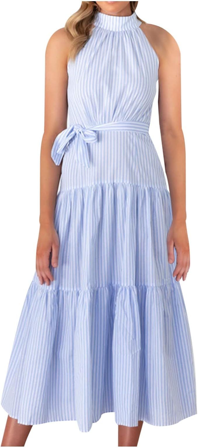 bmkBWO Women's Sexy Halter Summer Maxi Dresses Stripe Sleeveless Flowy Beach Long Dress Ruffled H... | Amazon (US)