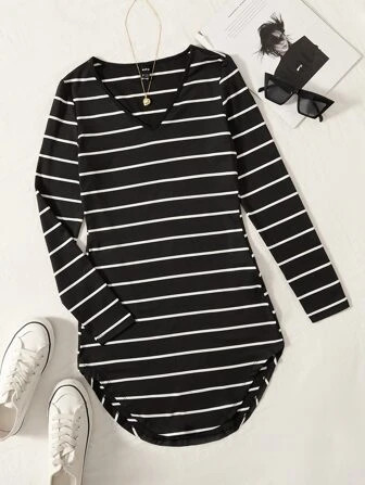 SHEIN EZwear Striped Split Thigh Tee Dress | SHEIN
