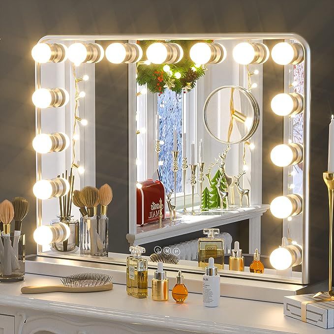 Keonjinn Large Vanity Mirror with Lights Silver Lighted Vanity Mirror with 18 Replaceable LED Bul... | Amazon (US)