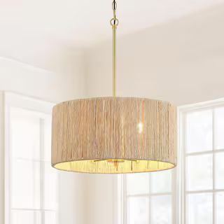TRUE FINE Ballwin 18 in. 4-Light Rattan Drum Chandelier with Brass Canopy 90092 - The Home Depot | The Home Depot