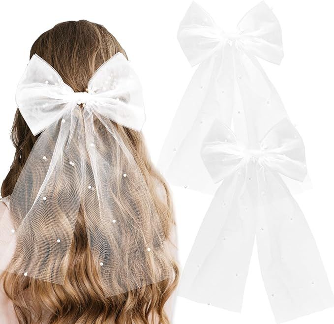 Amaxiu Bridal Pearl Hair Bow Veil, 2 Pcs Bridal White Tulle Wedding Veil Hair Clip Pins Hair Piec... | Amazon (UK)