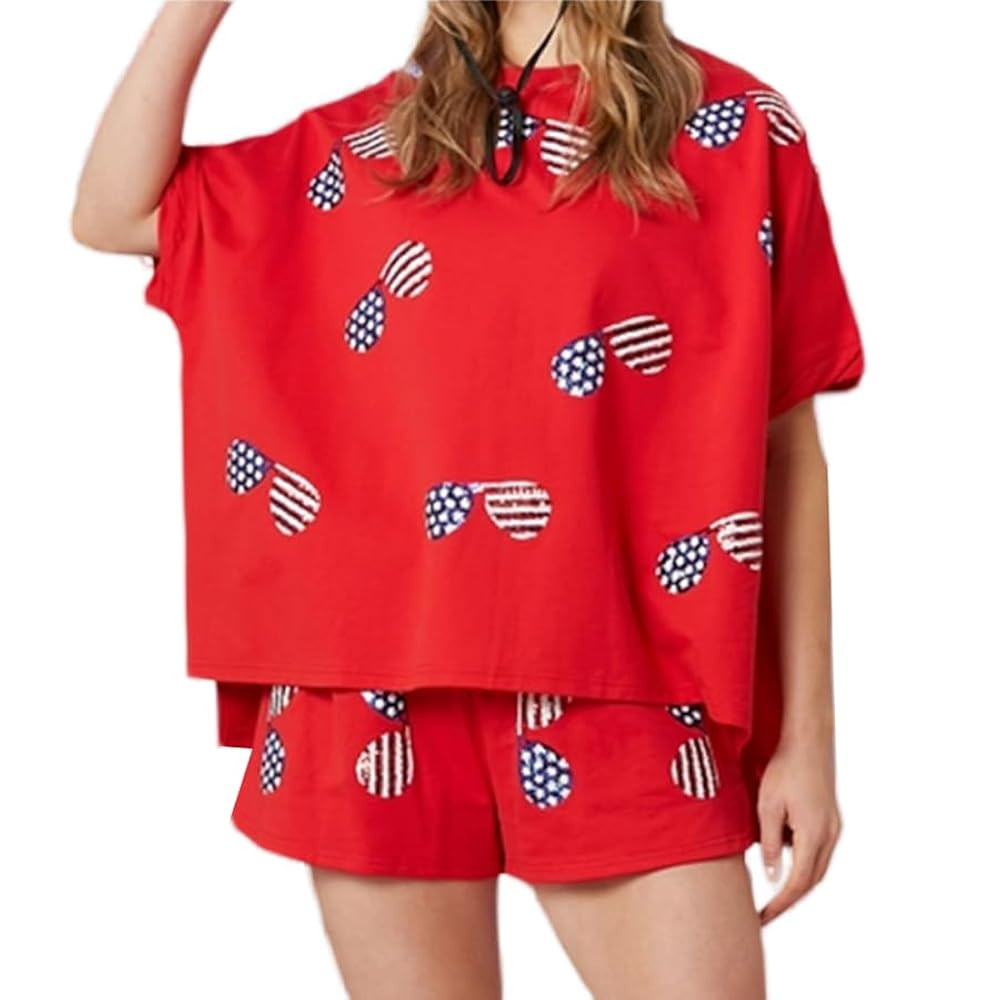 Mxiqqpltky Women 4th of July Outfit Sequin 2 Piece Pajamas Sets Summer American Flag Short Sleevl... | Amazon (US)