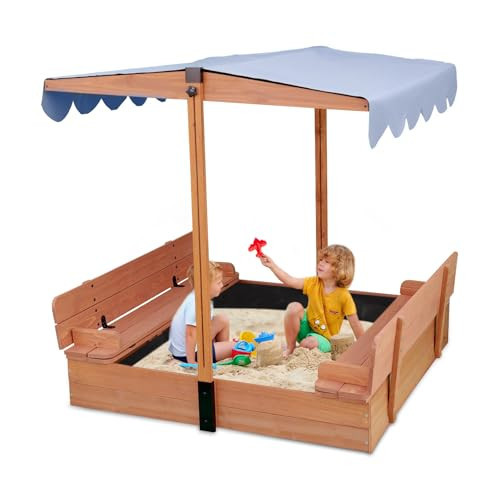 FunXplore Wooden Kids Sandbox with Lid Sand Box with Cover for Outdoor with Canopy Ages 4-8, Sand Pit with 2 Foldable Bench Adjustable Roof Bottom Liner | Amazon (US)