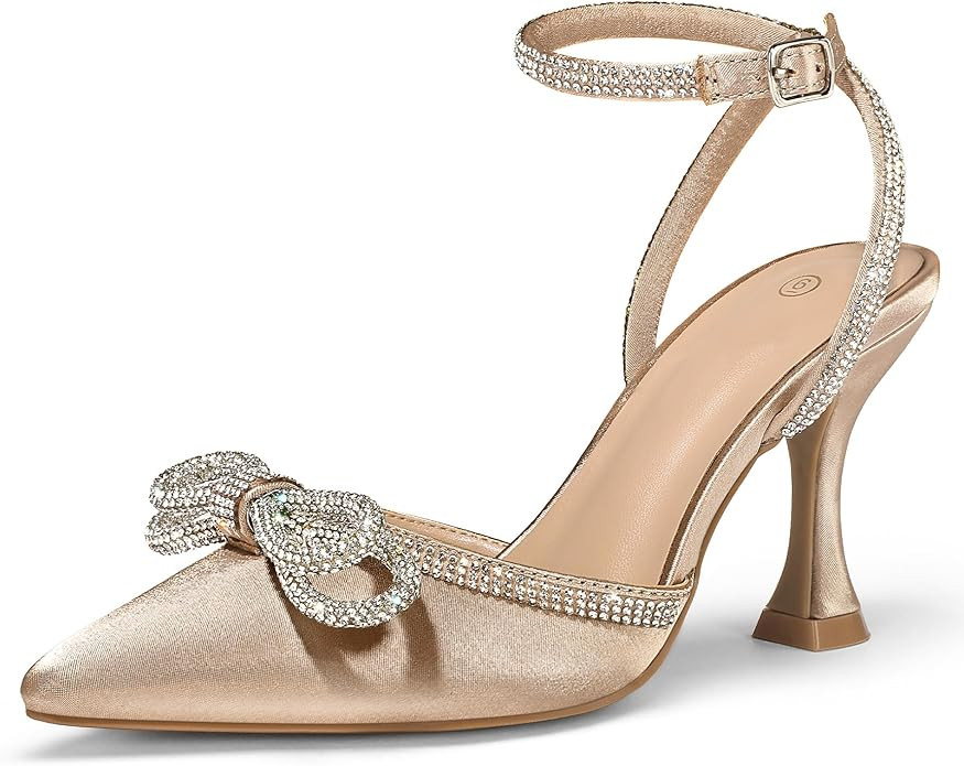 mysoft Women's Rhinestone Bow Pumps Wedding Dress Shoes Pointed Toe Ankle Strap Kitten Heels | Amazon (US)