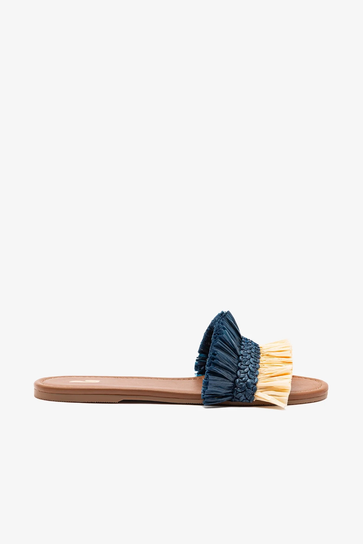 Bahia Fringe Flat In Beige And Navy Raffia | Larroude
