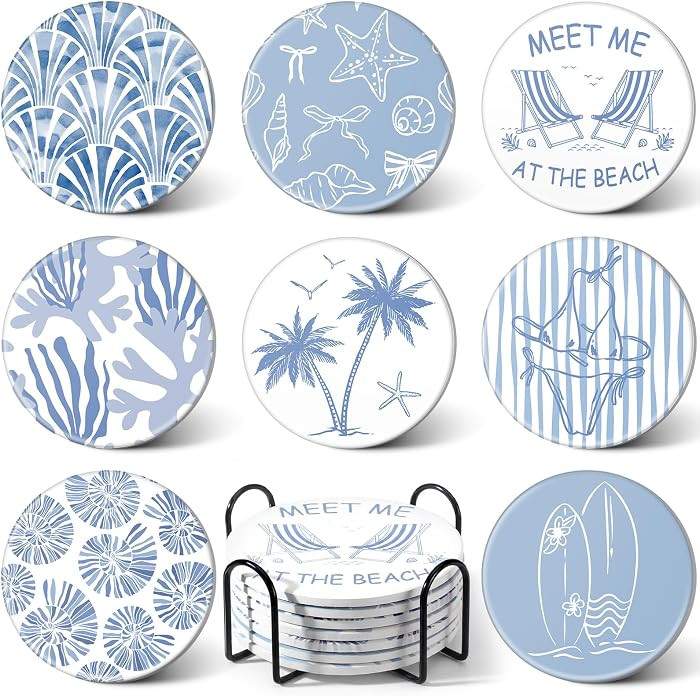 Rtteri Coastal Coasters for Drinks Set of 8 Blue Ocean Beach Starfish Shells Absorbent Ceramic Co... | Amazon (US)