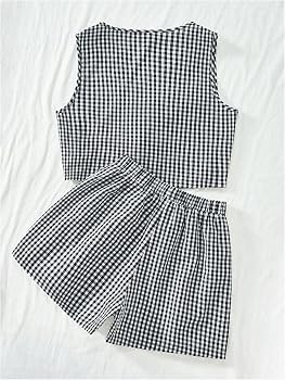 SOLY HUX Women's Summer 2 Piece Outfits Plaid Print Sleeveless Tie Front Tank Top Vest Shorts Bea... | Amazon (US)