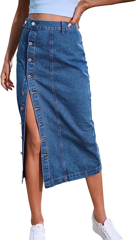 Womens Casual Slit Denim Midi Jean Skirt Stretch High Waist Frayed Blue Jean Skirt with Pockets | Amazon (US)