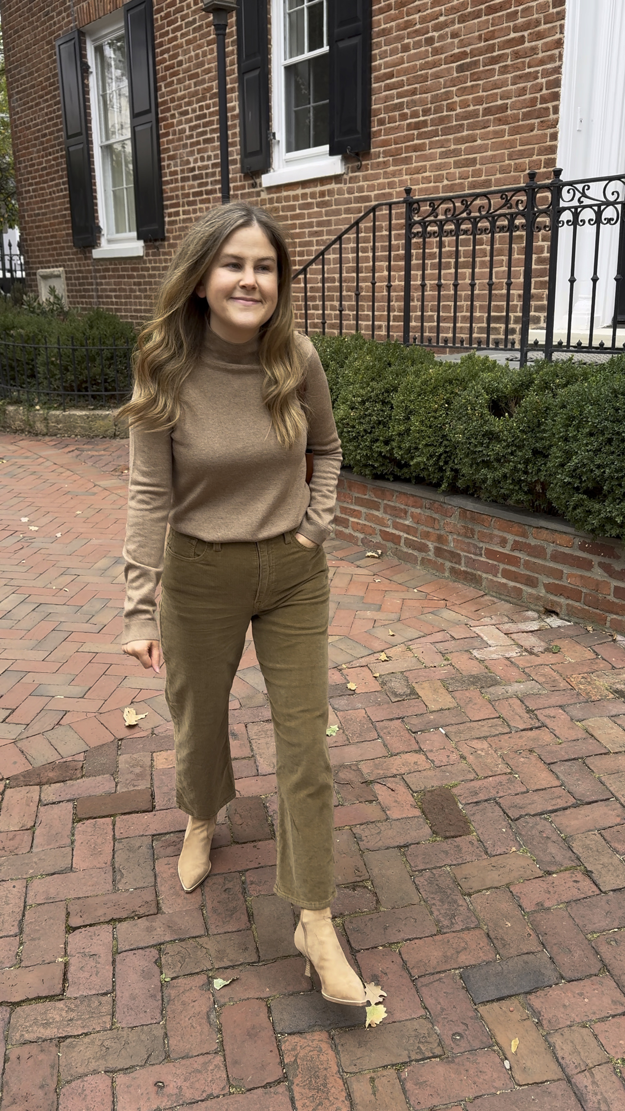 Love this monochrome outfit for fall and winter. My booties are really comfortable and easy to walk in. This is coming from someone who doesn’t do heels! My corduroys are true to size and do have a little stretch. I’m wearing my normal size 28. My tan sweater is a wool sweater, and it is a size small. Follow the size guidance from the brand on the sweater! 

#LTKSeasonal #LTKWorkwear #LTKShoeCrush