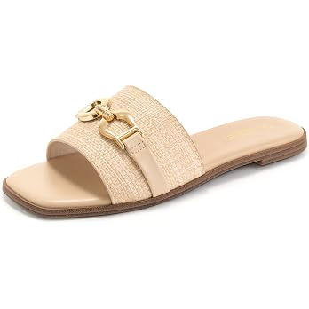 Rihero Women's Flat Sandals Summer Comfortable Square Open Toe Slip On Leather Slide Sandals | Amazon (US)