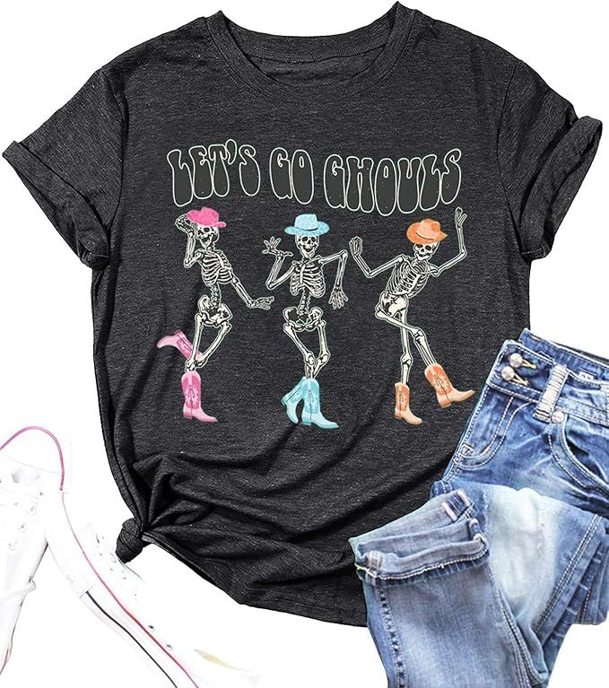 Let's Go Ghouls Shirt Women Halloween Dancing Skeleton Ghost Graphic Tee Funny Letter Print Short... | Amazon (US)