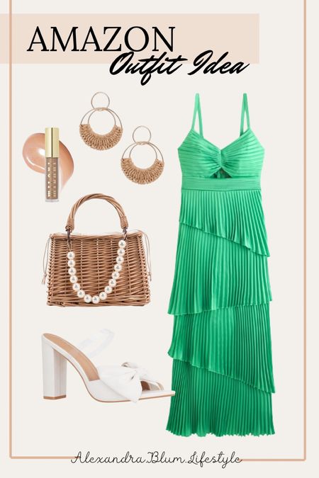 Best dressed wedding guest dress from Abercrombie! I’m in love with this ruffle satin green long maxi dress and I paired it with brown wicker purse and earring along with white bow heels from Amazon! Perfect spring dress! 

#LTKshoecrush #LTKwedding #LTKfindsunder100