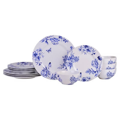 222 Fifth 12pc Dinnerware Set Cassian Embossed Toile Blue | Target