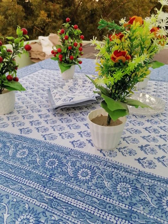 Handmade Table Cloths Hand Block indigo Blue Floral Printed | Etsy | Etsy (US)