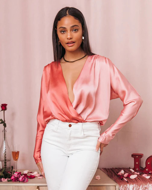 Two Sides Satin Drape Bodysuit - Peach Blush | VICI