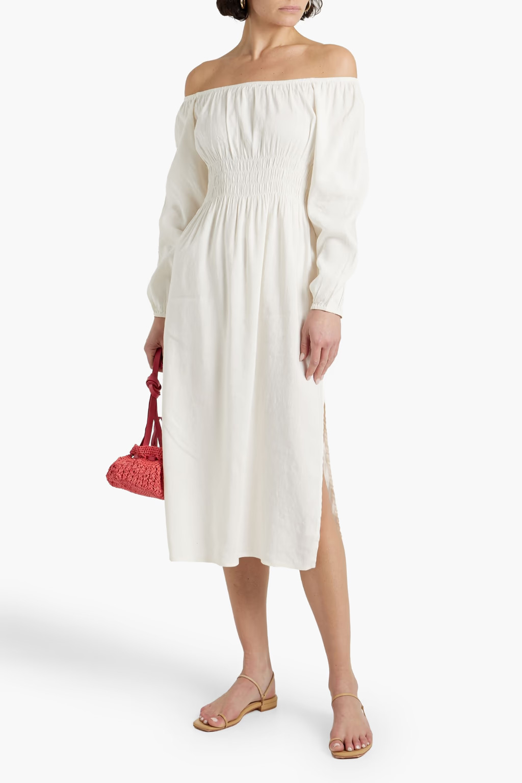 Off-the-shoulder shirred linen-blend midi dress | The Outnet (UK and Europe)