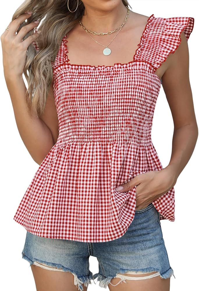 LOMON Womens Tank Tops Fashion Summer Ruffle Flying Sleeve Smocked Blouses Square Neck Sleeveless... | Amazon (US)