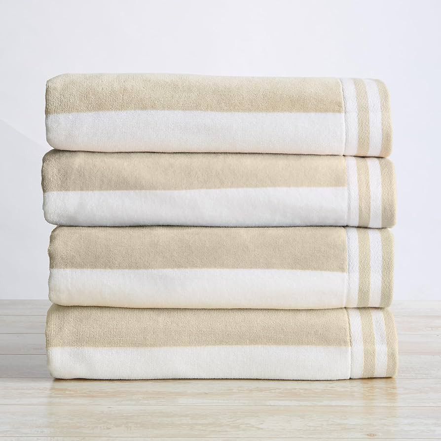 Great Bay Home 100% Cotton Velour 4 Pack Beach Towels 30" x 60" - Cabana Stripe Pool Towels - Qui... | Amazon (US)