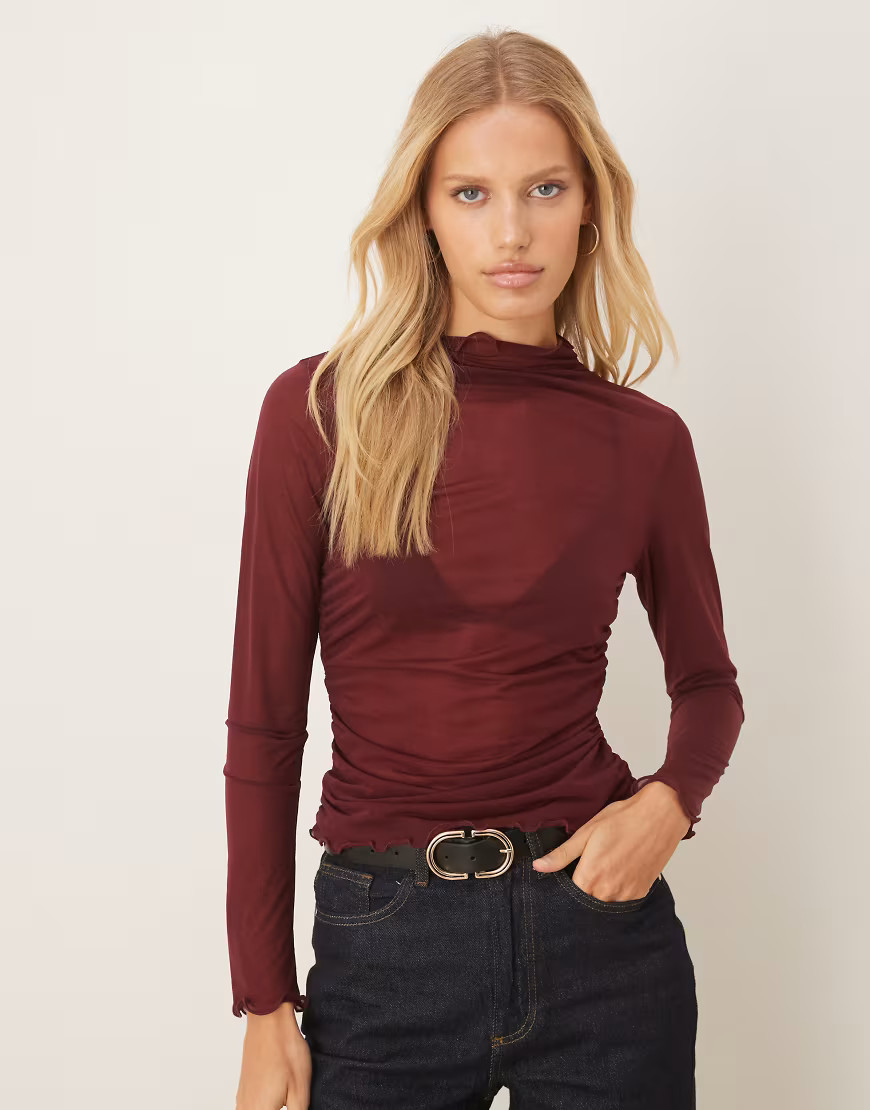 ASOS DESIGN high neck mesh semi sheer long sleeve top in burgundy-Red | ASOS (Global)