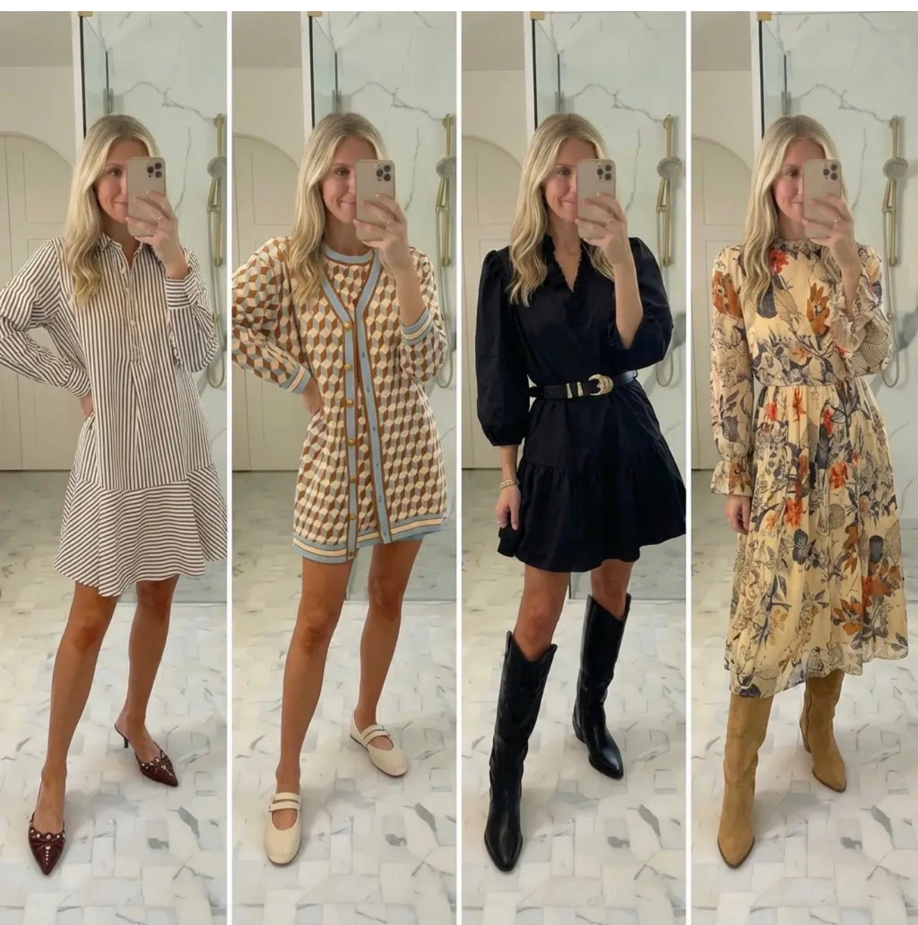 Look one: a crisp striped long-sleeve mini dress styled with pointed brown flats, effortless and polished.
Look two: a geometric knit mini dress with soft blue trim, paired with neutral loafers for a chic daytime look.
Look three: a black belted mini dress with subtle puff sleeves, styled with knee-high black boots for a classic, confident silhouette.
Look four: a flowy neutral floral midi dress paired with tan suede knee-high boots, blending femininity and warmth.
Overall aesthetic is clean, refined, and Pinterest-worthy with a quiet luxury, modern classic vibe—perfect for fall transitions, everyday elegance, and capsule wardrobe inspiration.

⸻

Hashtags:

#everydayoutfits #falloutfitideas #classicstyle #modernclassic
#quietluxury #chicstyle #wardrobeinspo #outfitinspiration
#fallfashion #capsulewardrobe #effortlessstyle #womensfashion
#dressinspo #neutralstyle #timelessfashion #ootdinspo
#mirrorstyle #elevatedbasics #falllooks #styleinspo

#LTKgrwm #LTKdayinmylife #LTKootd