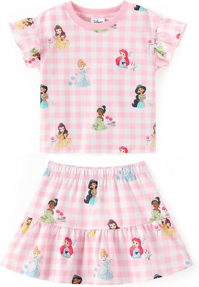 Disney Frozen Elsa Minnie Mouse Stitch Princess Girls' Skirt Sets Ruffle Short Sleeve Clothes 2pc... | Amazon (US)