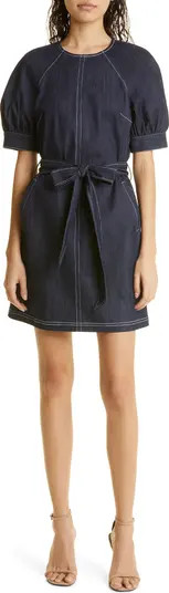 Abby Belted Puff Sleeve Stretch Denim Dress | Nordstrom