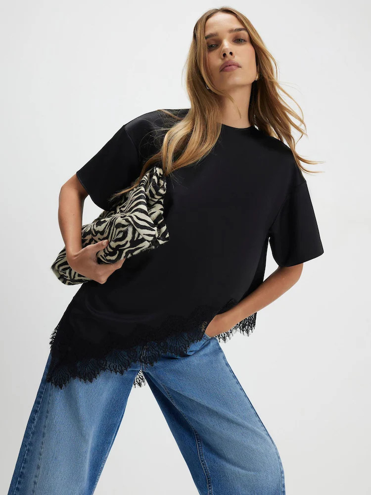 River Island Black Short Sleeve Asymmetric Satin Lace Hem T-Shirt | Next AU