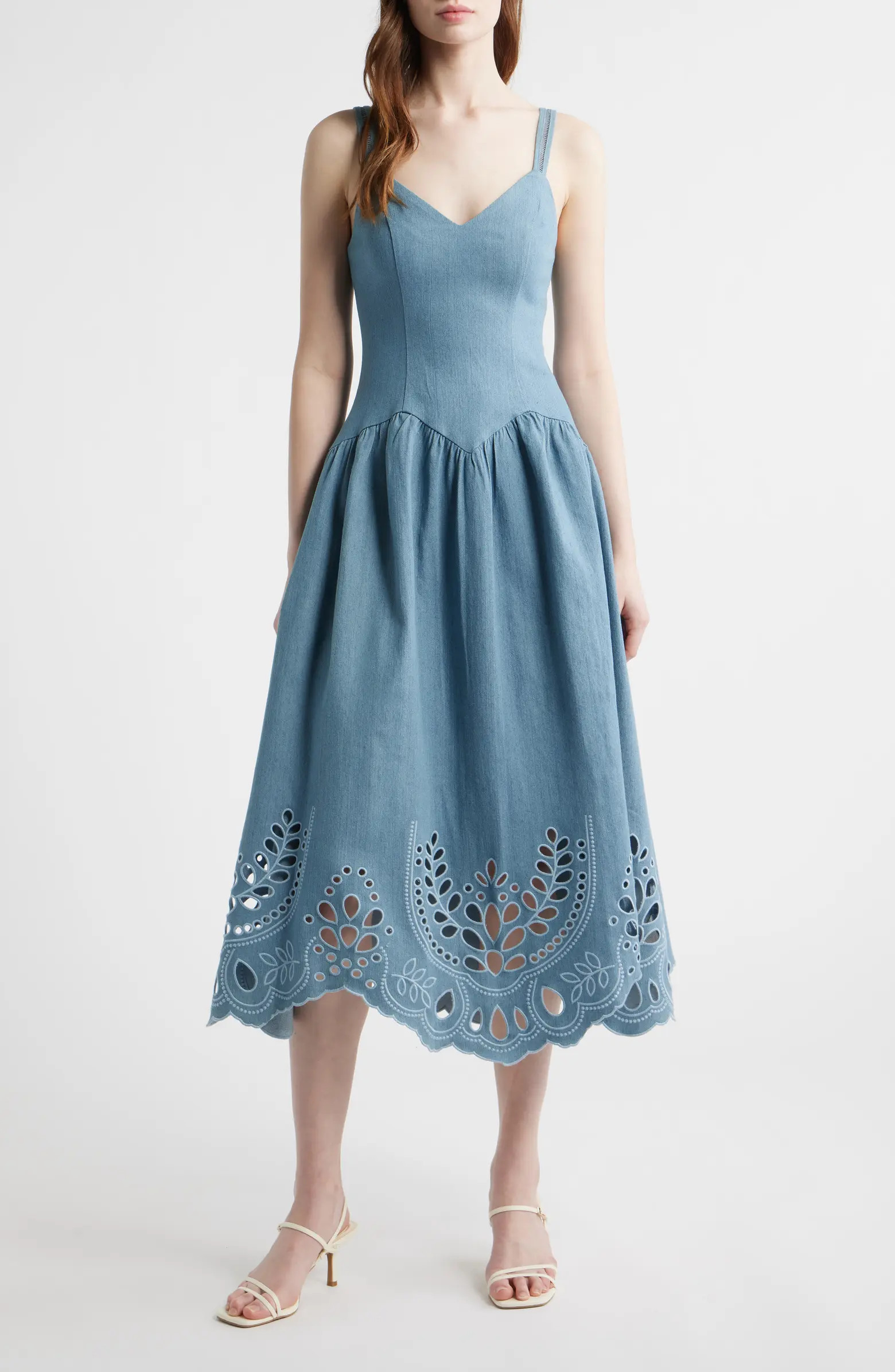 MOON RIVER Eyelet Detail Sleeveless Midi Dress | Nordstrom | Nordstrom