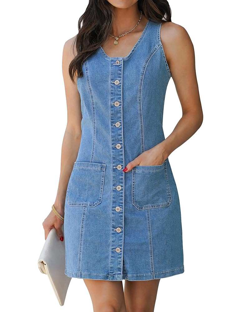 luvamia Denim Dresses for Women Sleeveless Stretchy Jean Summer Casual Western Short Button Down ... | Amazon (US)