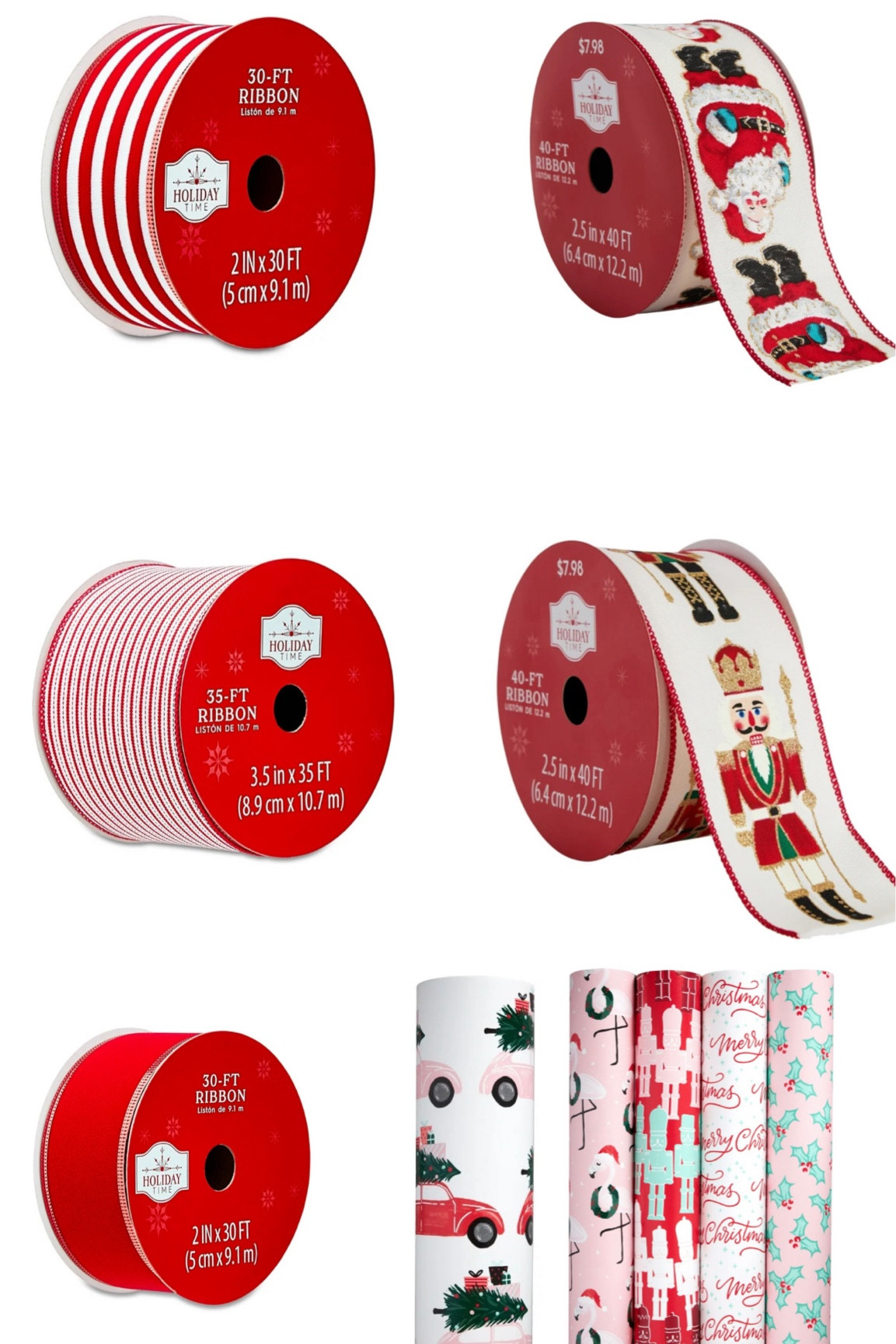 Pink and red Christmas gift wrapping paper and ribbon