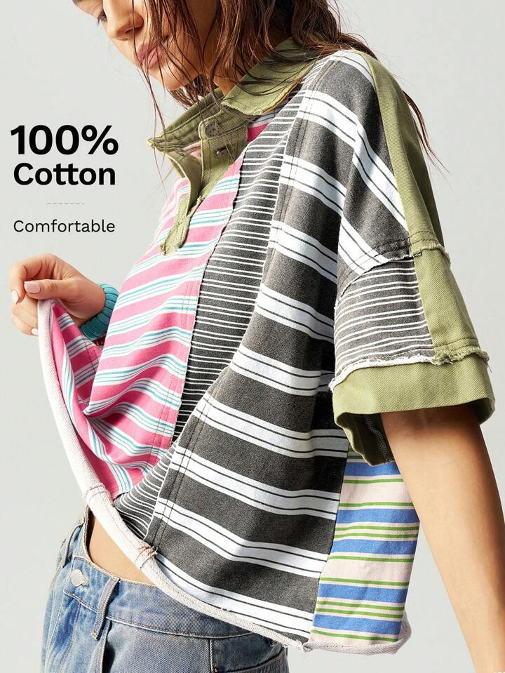 Bohemela Vacation Casual Striped Patchwork Polo Collar Half Placket Short Sleeve Loose T-Shirt Fo... | SHEIN