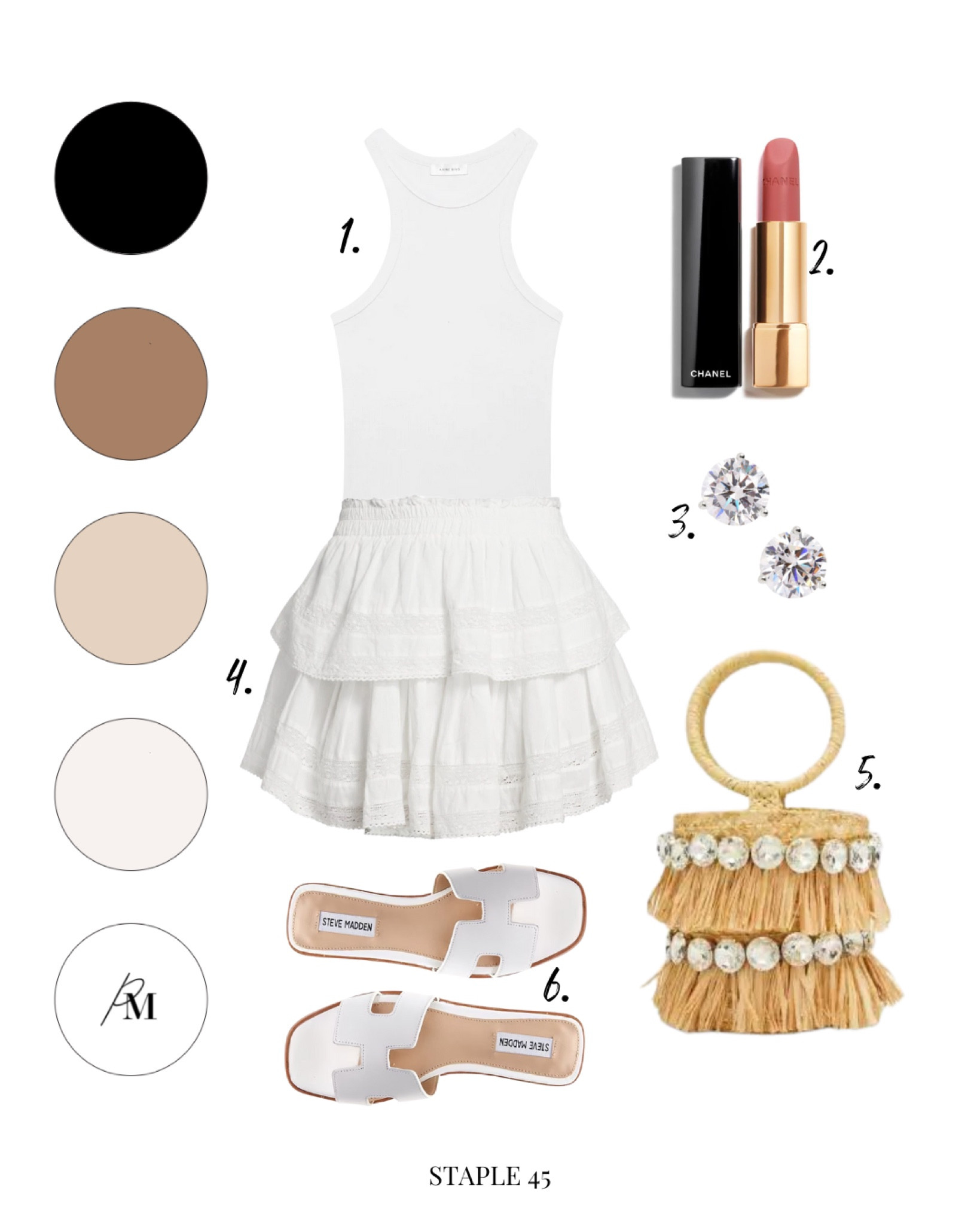 anine bing eva tank
loveshackfancy ruffle skirt 
chanel rouge lipstick 
steve madden white leather sandal
bucket bag 

#LTKFind #LTKSeasonal #LTKstyletip